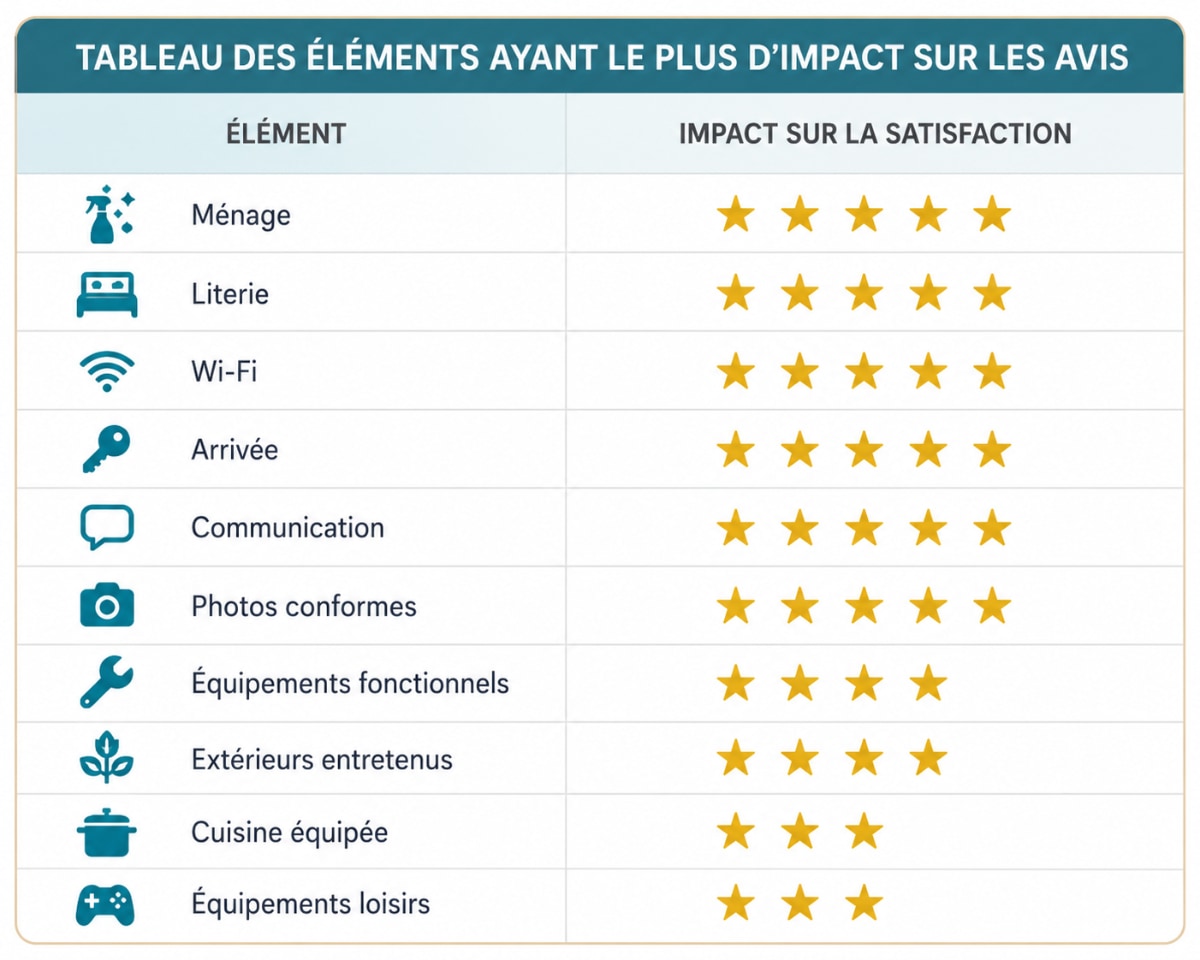 Tableau des éléments ayant le plus d'impact sur les avis